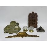 A late 19th century bronze Standish - of rectangual foliate design incorporating two inkwells,