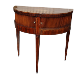 A 19th century mahogany demi lune table - possibly Dutch, the inlaid top above a tambour front,