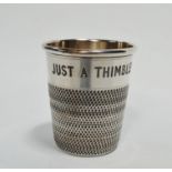 A novelty silver thimble spirit measure - Birmingham 1972, P H Vogel & Co, 'Just a Thumble Full', to