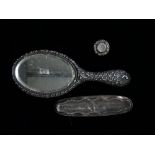 Silver mounted brush and mirror set - Birmingham 1898, with foliate repousee decoration, together