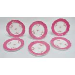 A set of six Coalport style cabinet plates - decorated with floral sprigs within a pink border,