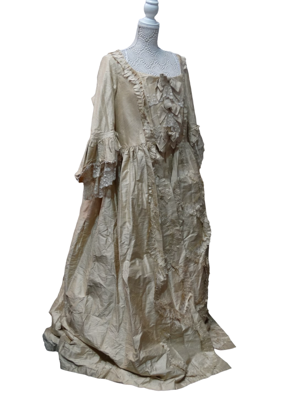 Georgian style lady's dress - of bronze silk with floral bodice, lace and pearl trimmed cuffs, - Image 2 of 3