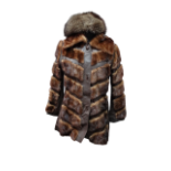 A ladies fur coat - panels of fur chevrons on a brown leather ground, back length 73cm, together
