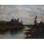 Late 19th century Continental School Figures Beside A River Oil on canvas Framed Picture size 47 x
