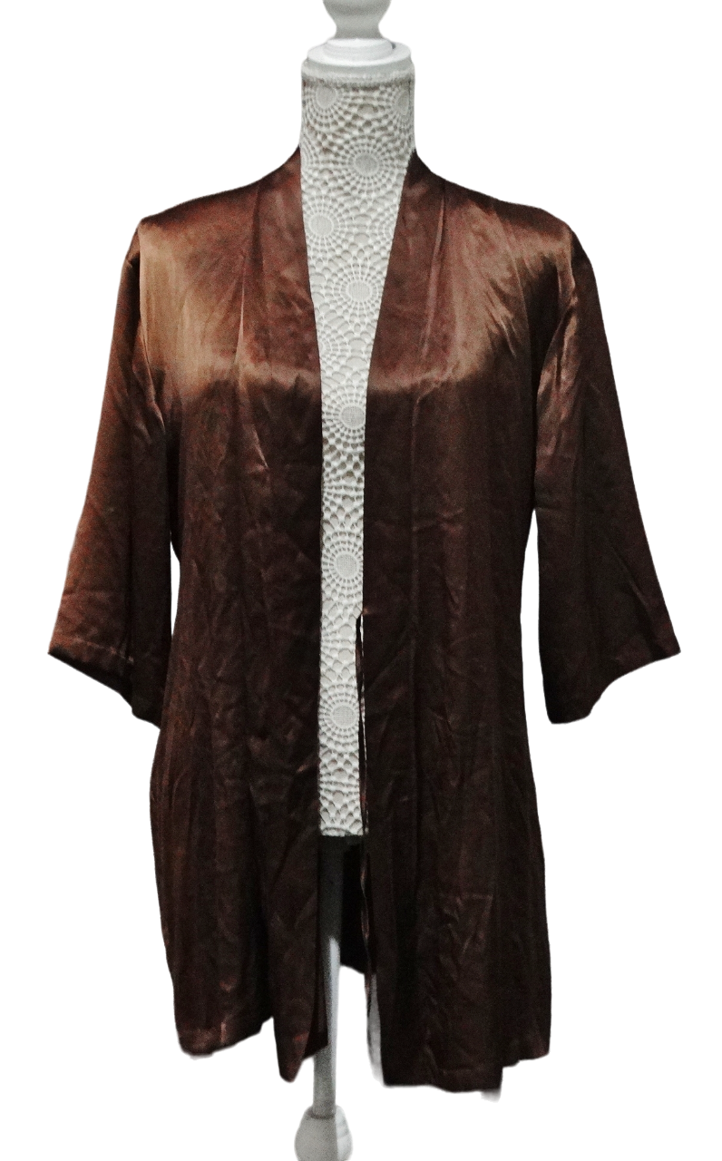 A ladies silk dressing gown - bronze colour, full length, together with a chocolate brown half - Image 2 of 6