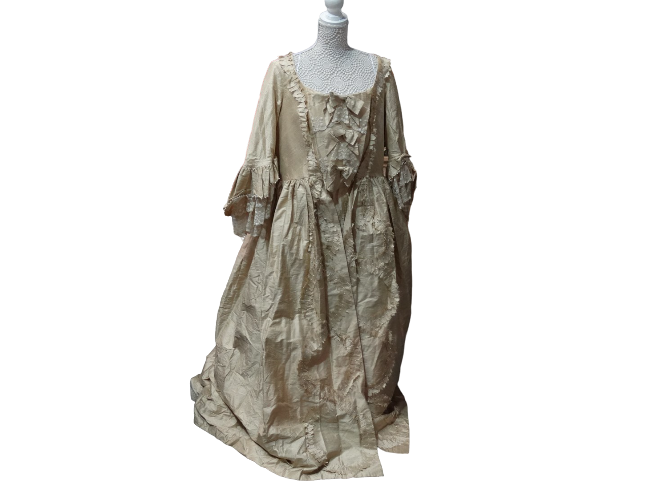 Georgian style lady's dress - of bronze silk with floral bodice, lace and pearl trimmed cuffs,