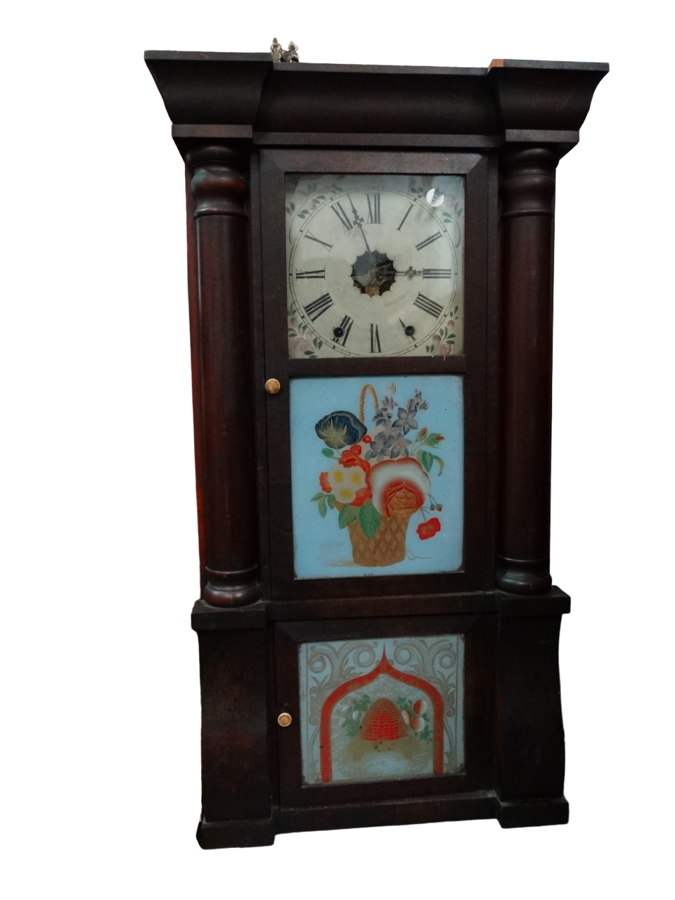A late 19th century American wall clock - the cream painted dial set out with Roman numerals above