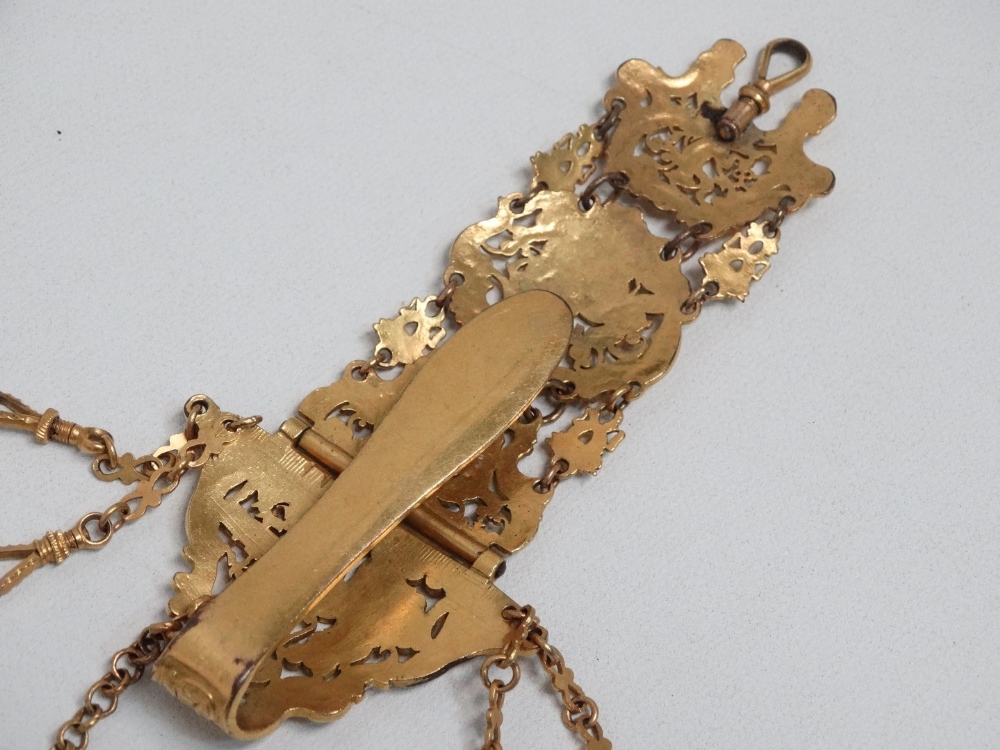 A late 19th century continental ormolu chatelaine - the pierced and engraved decoration showing - Image 4 of 4