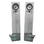 A pair of Celestion AVF320 speakers - floor standing and mounted in a clear glass stand, height