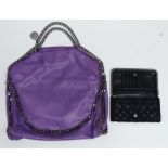Stella McCartney Falabella tote bag - purple vegan leather, with wardrobe bag and a black purse also