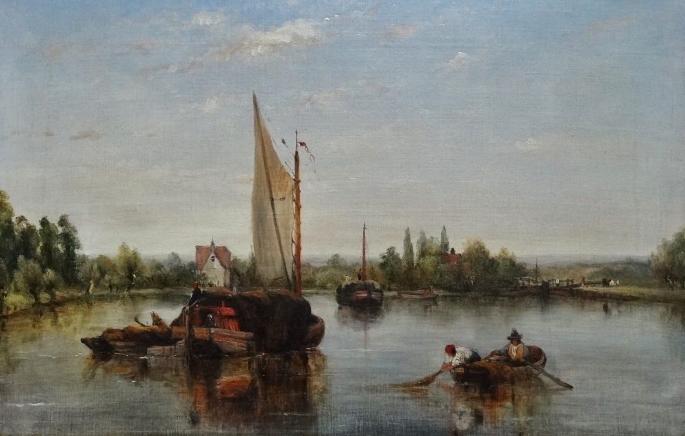 FREDERICK WATERS WATTS (1800-1870) River Scene, Boats Before The Loch Oil on canvas Framed Picture