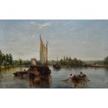 FREDERICK WATERS WATTS (1800-1870) River Scene, Boats Before The Loch Oil on canvas Framed Picture