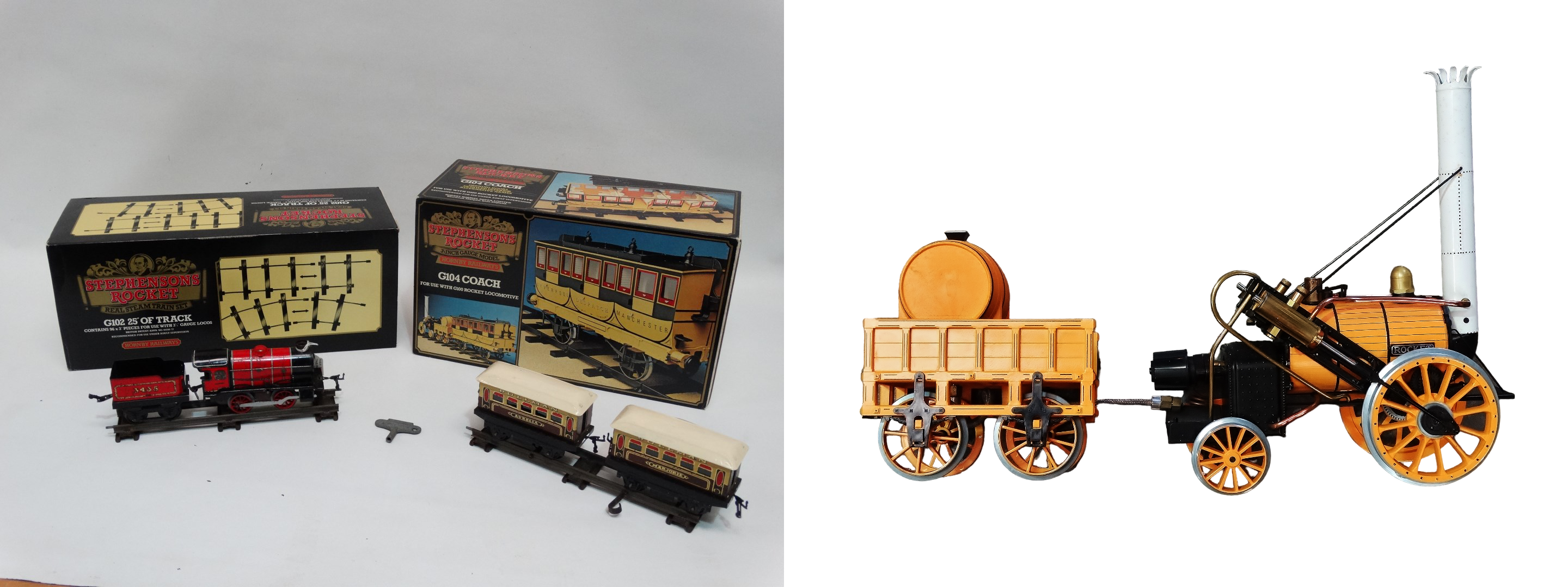 Hornby - A Stephensons Rocket 'G104 Coach' and 'G102 Track Set', each boxed, together with a