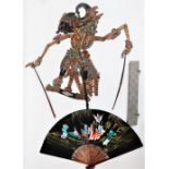 A Balinese shadow puppet, gilt and polychrome painted, height 75cm, together with a boxed oriental