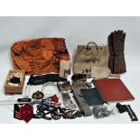 A pair of brown leather flying gauntlets - together with observer/air gunner's log book, kit bag,