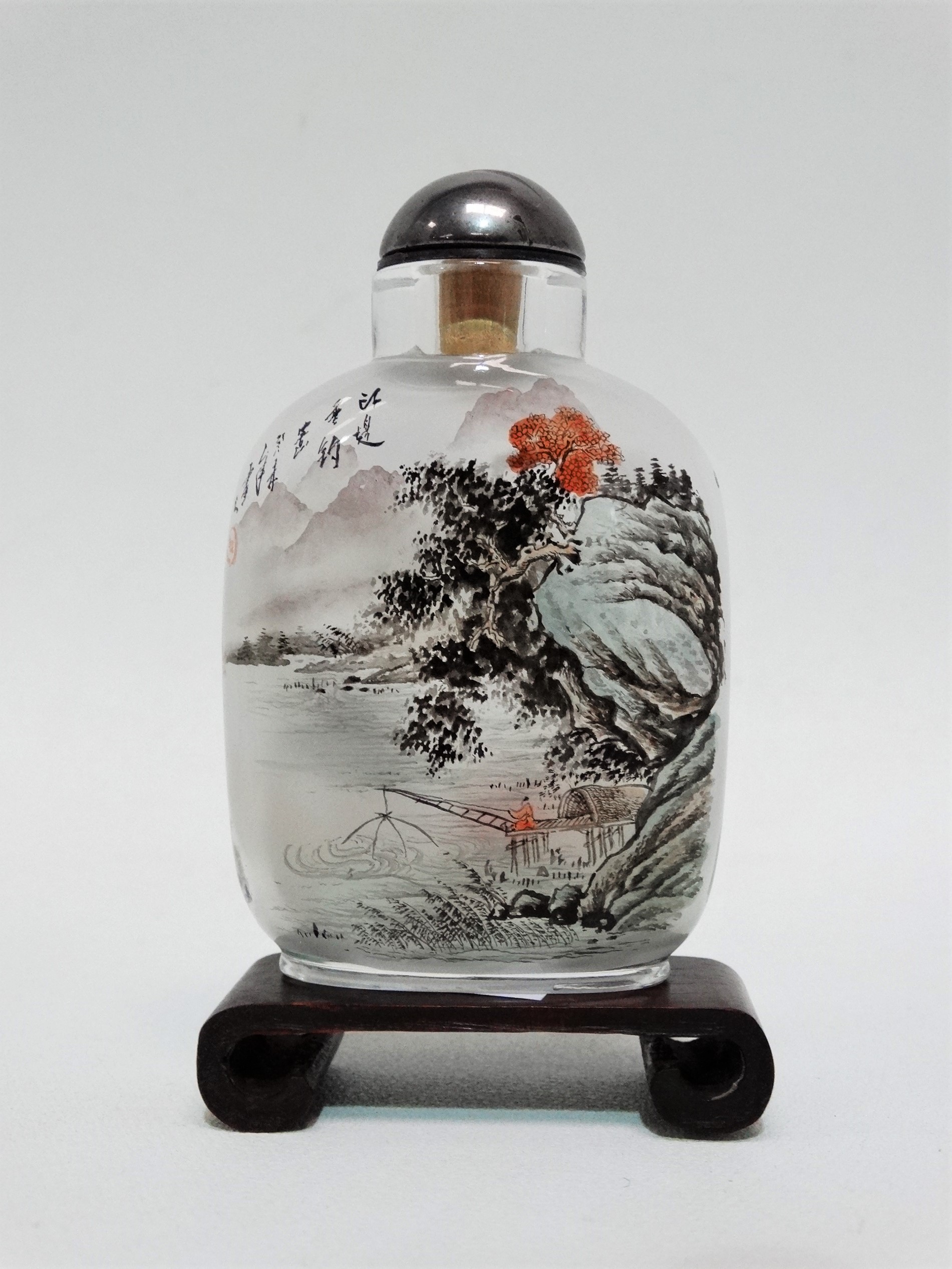 Chinese glass snuff bottle and stopper - reverse painted with a river scene, with stand, height 9cm, - Image 4 of 7