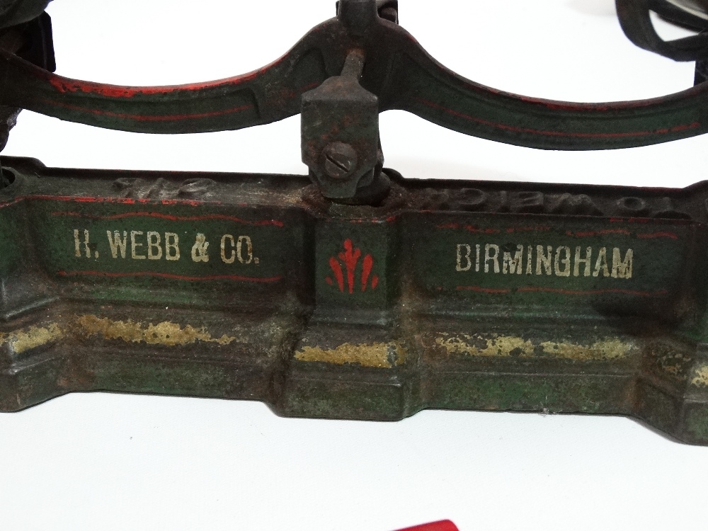 H. Webb & Co. Birmingham cast iron scales - brass trays, height 18cm, width 40cm, a brass bound - Image 2 of 4