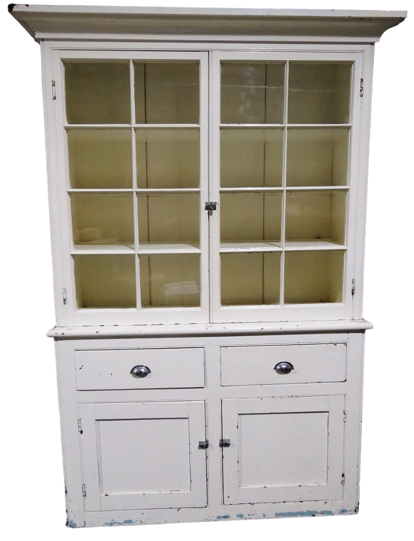 A early 20th century painted pine kitchen dresser - the upper section with glazed panel doors