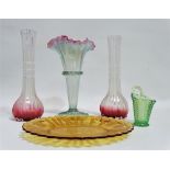 A Victorian vaseline glass vase - of ribbed trumpet form with a pink wavy rim, height 25cm, together