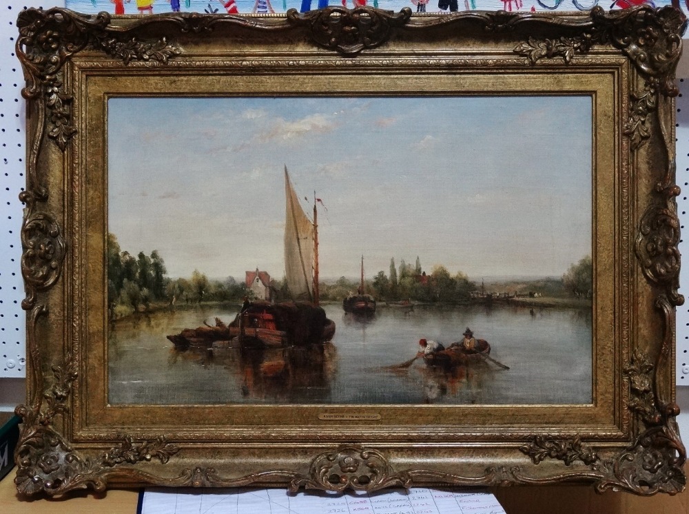 FREDERICK WATERS WATTS (1800-1870) River Scene, Boats Before The Loch Oil on canvas Framed Picture - Image 2 of 6