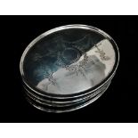 William Comyns silver trinket box, London 1910, oval, the hinged cover engraved with foliate
