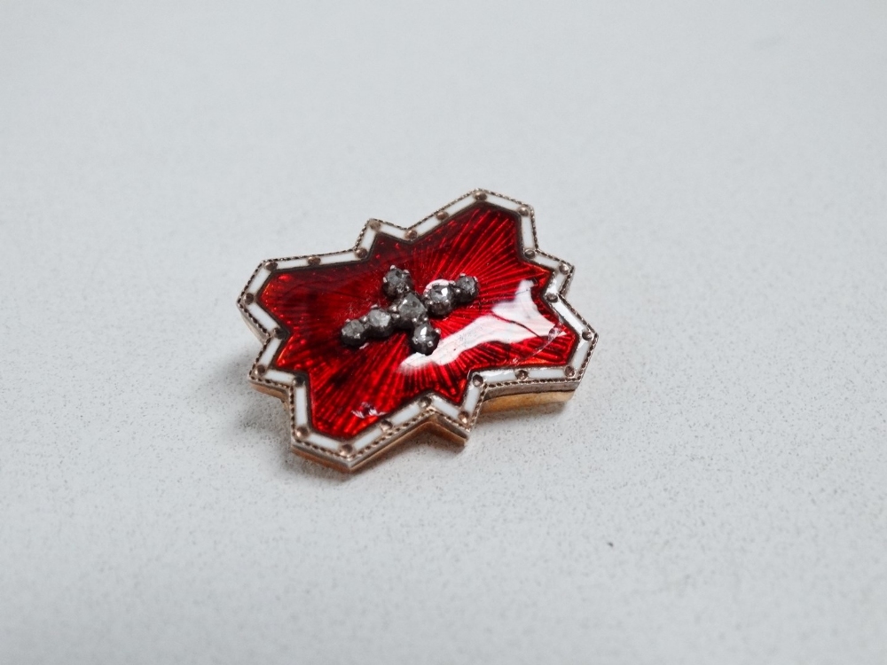 A late 19th century red enamel brooch - set with old mine cut diamonds, the brooch of rectangular - Image 2 of 3