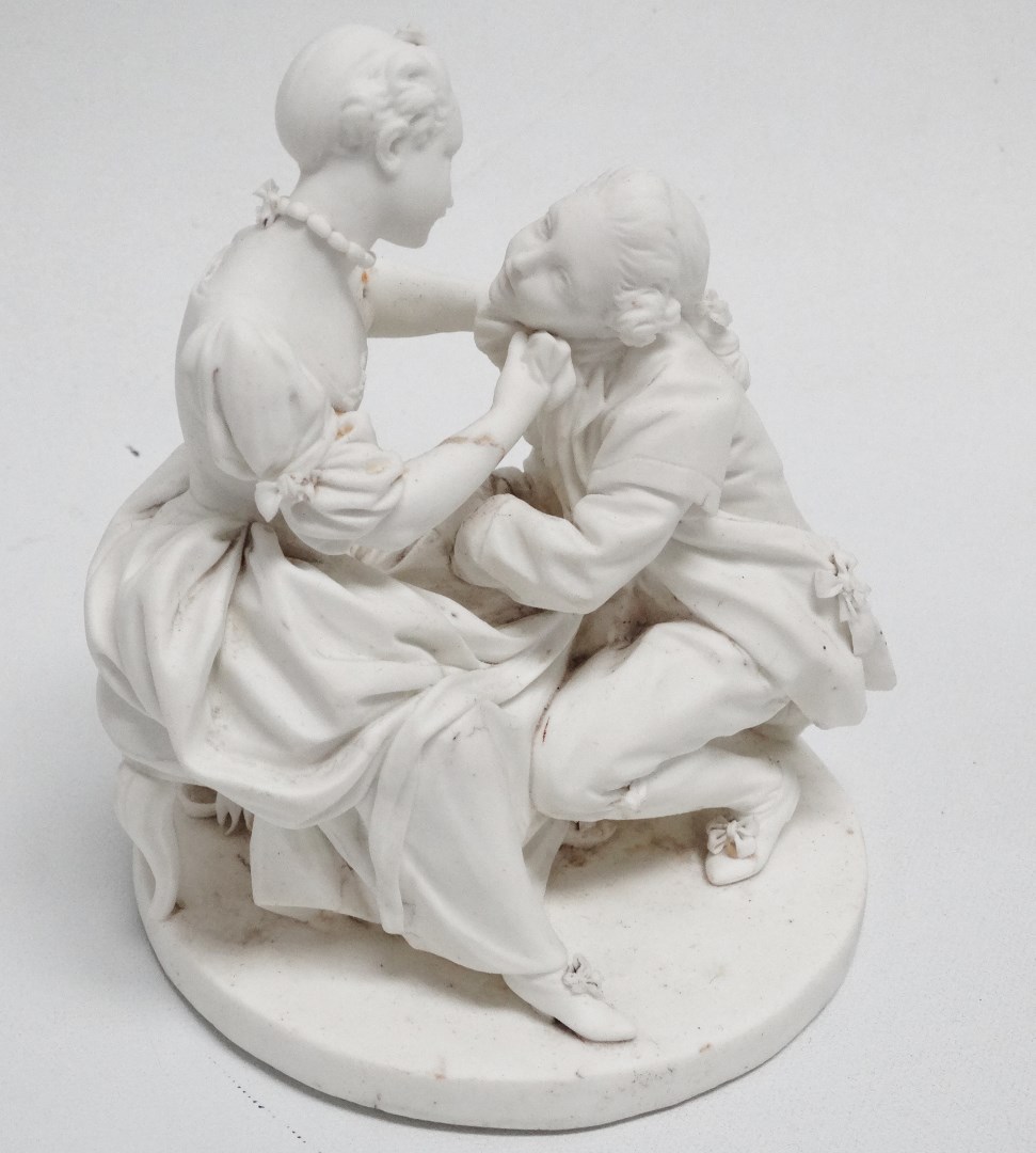 A late 19th century German parian figure group - the gentleman kneeling before his beau, height - Image 3 of 3