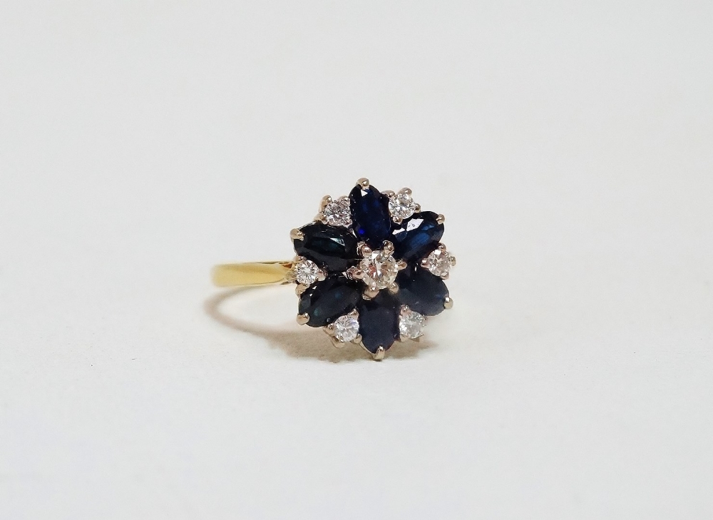 A sapphire and diamond floral shaped cluster ring - set in 18ct yellow gold, size M, weight 4.1g. - Image 3 of 4