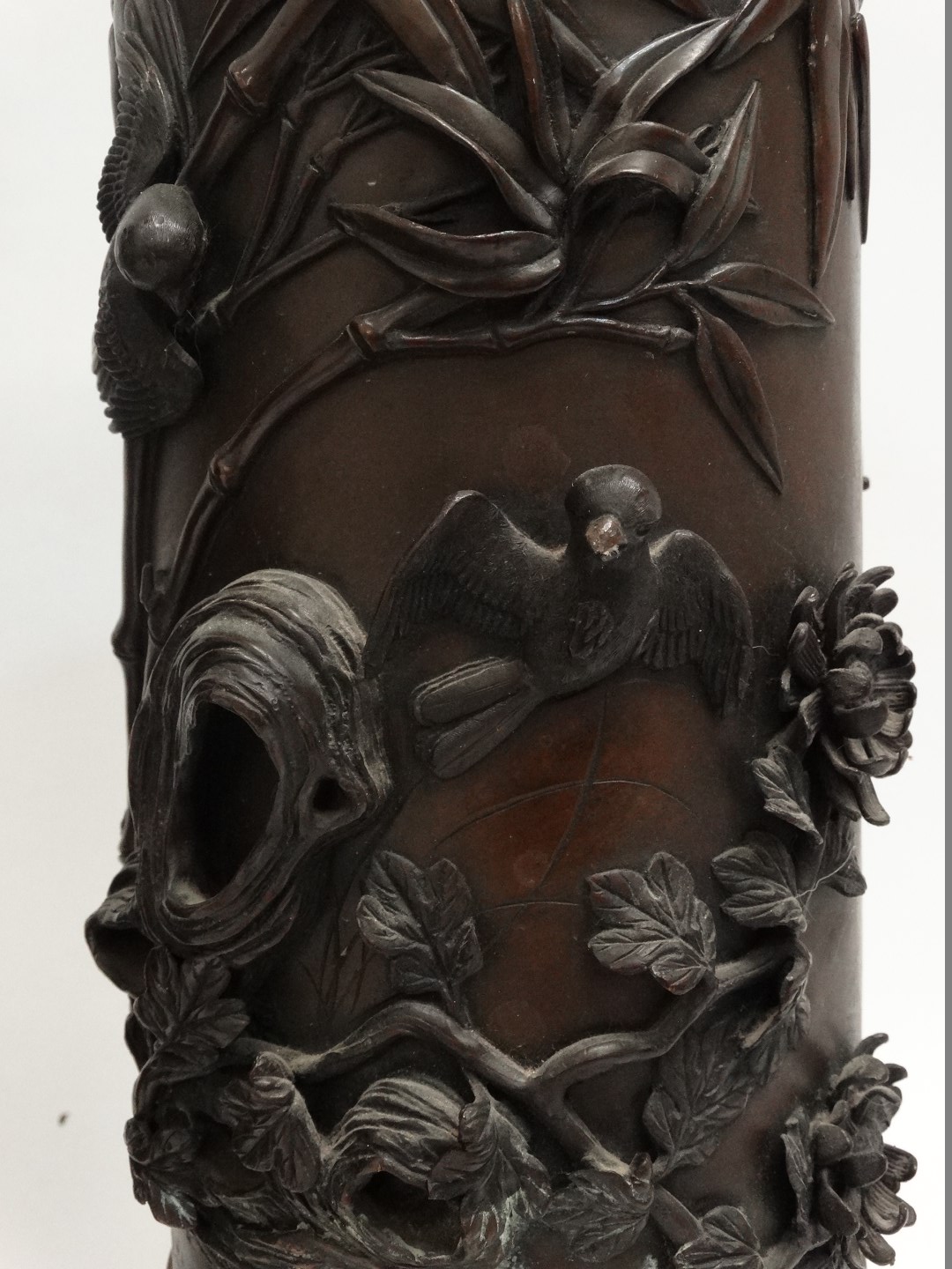 A pair of Meiji period bronze vases - extensively decorated with birds on cherry blossom, height - Image 5 of 6