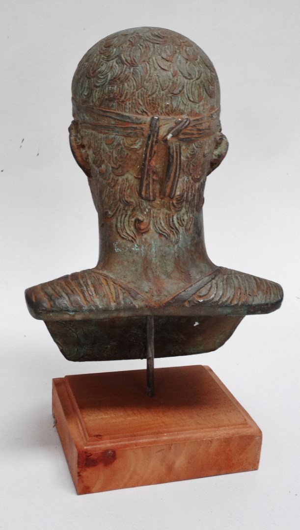 Bust of a charioteer - modelled in terracotta with a Verdigris finish, raised on a beech plinth, - Image 4 of 4