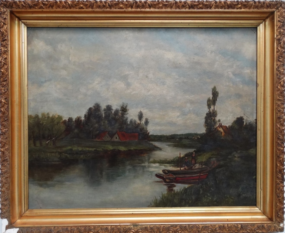 Late 19th century Continental School Figures Beside A River Oil on canvas Framed Picture size 47 x - Image 2 of 3