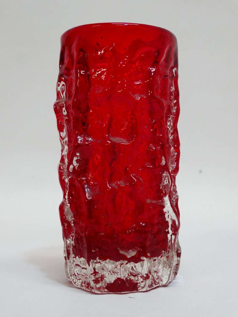 A Whitefriars bark pattern cylindrical vase - ruby red, height 15cm, together with four Victorian - Image 4 of 4