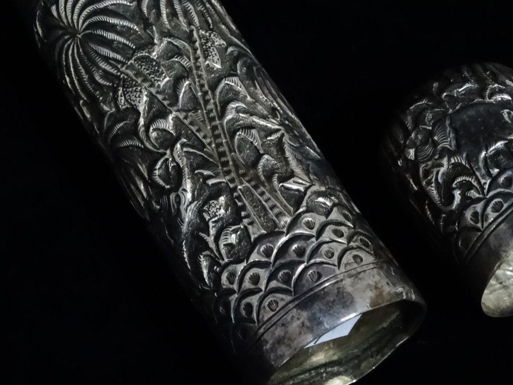 An Indian silver cylindrical box - Repousse decorated with elephants, tigers and stag in a palm - Image 4 of 7