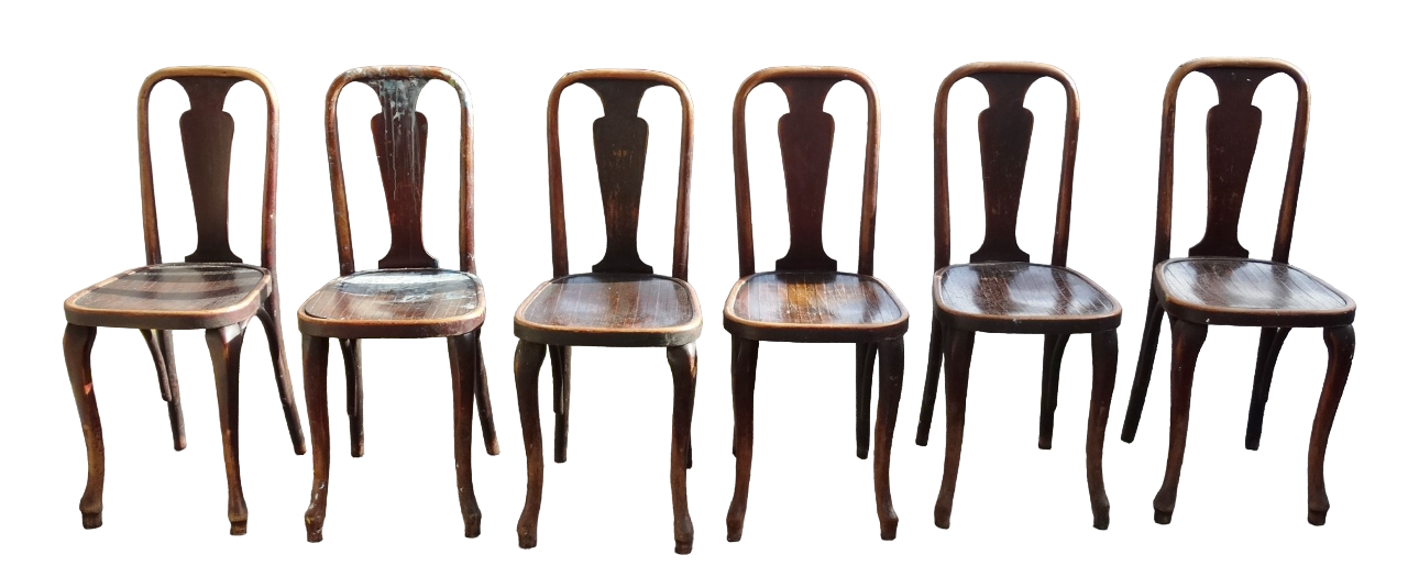 A set of six stained beech bentwood cafe chairs - vase shaped splats above contoured seats and