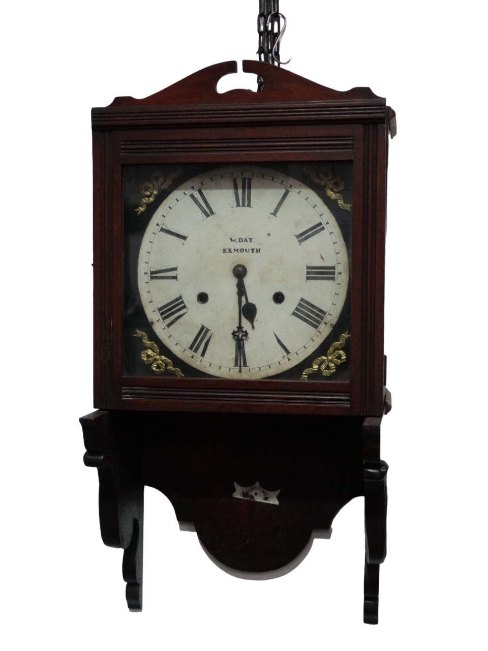 An Edwardian walnut cased bracket wall timepiece - by W Day of Exmouth, the white enamel dial set