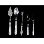 A silver and mother-of-pearl handled conserve spoon - Birmingham 1899, William Davies, in the form