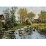 20th Century British School Farm Pond With Punt Oil on canvas board Framed Picture size 37 x 52cm