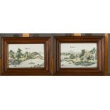 A pair of Chinese famille rose porcelain plaques 'landscapes', signed (25.5 x 38.5cm)