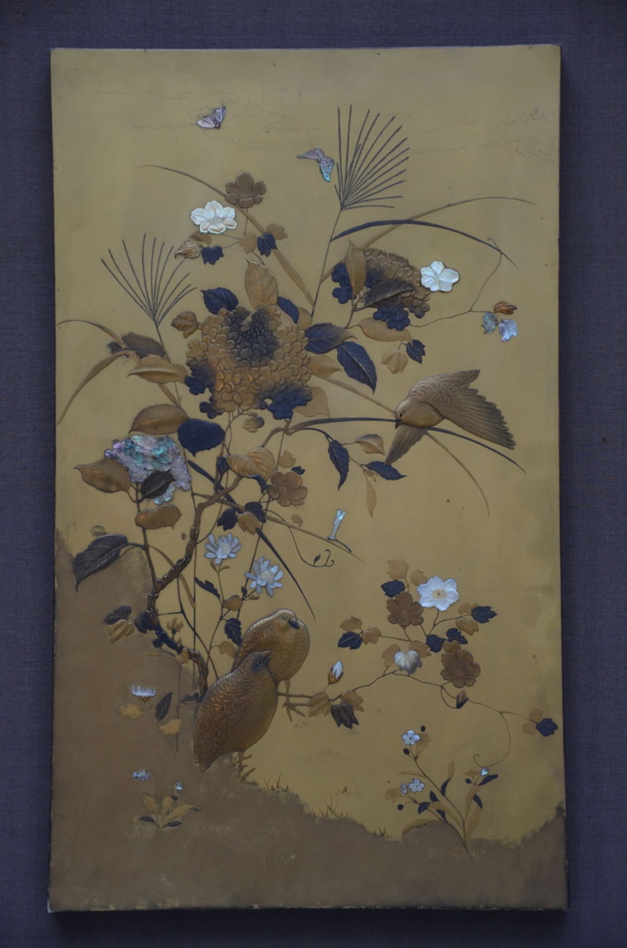 A Japanese Shibayama lacquer panel with quails, Meiji period (60x36cm)