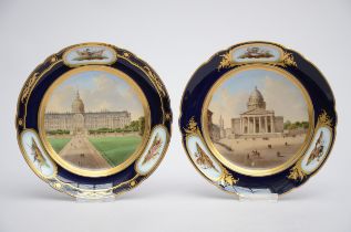 Two plates in French porcelain 'Parisian monuments', signed Rihouet (dia24cm)