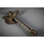 A Tibetan ritual ax in iron decorated with silver and gilding, 16th-17th century (h29cm)