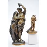 Lot: two bronze statues 'loving couple' and 'street sweeper' (h16-38cm)
