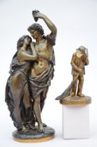 Lot: two bronze statues 'loving couple' and 'street sweeper' (h16-38cm)