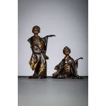 Two Japanese bronze sculptures 'geishas', Meiji period, signed (h18-30cm)