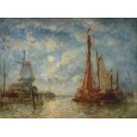 Paul-Jean Clays: painting (o/c) 'maritime scene with fishing boats and mill' (27x36cm)