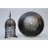 Engraved Indo-Persian helmet and a shield (h28 dia46cm)