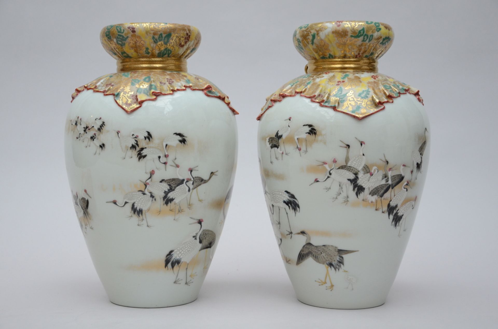 A pair of Japanese porcelain vases with relief decoration, signed (h38cm) - Image 2 of 4