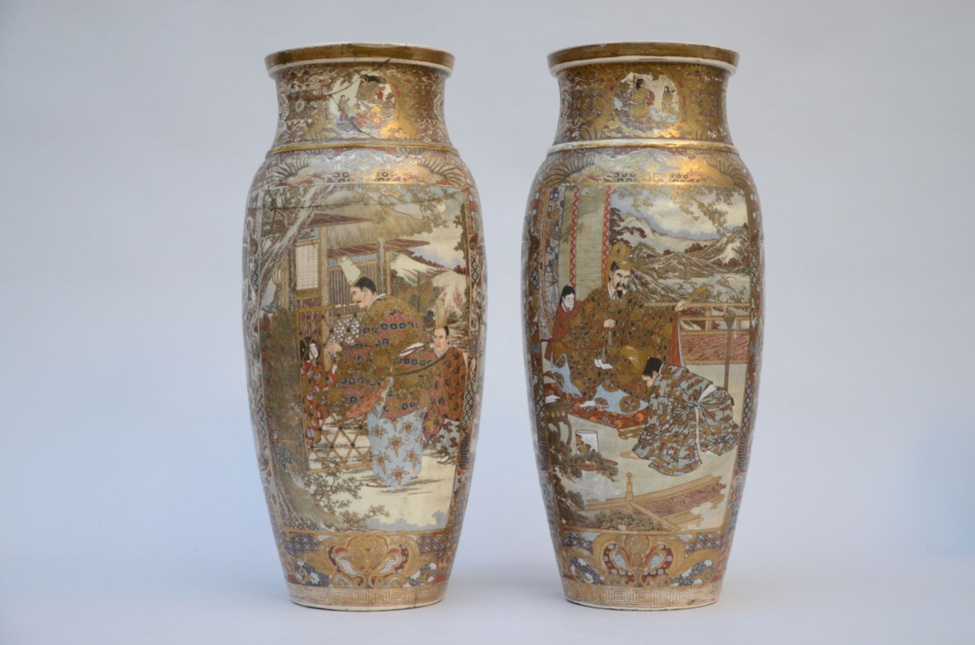 A pair of Japanese Satsuma vases 'scenes with samurai' (h62cm) (*)