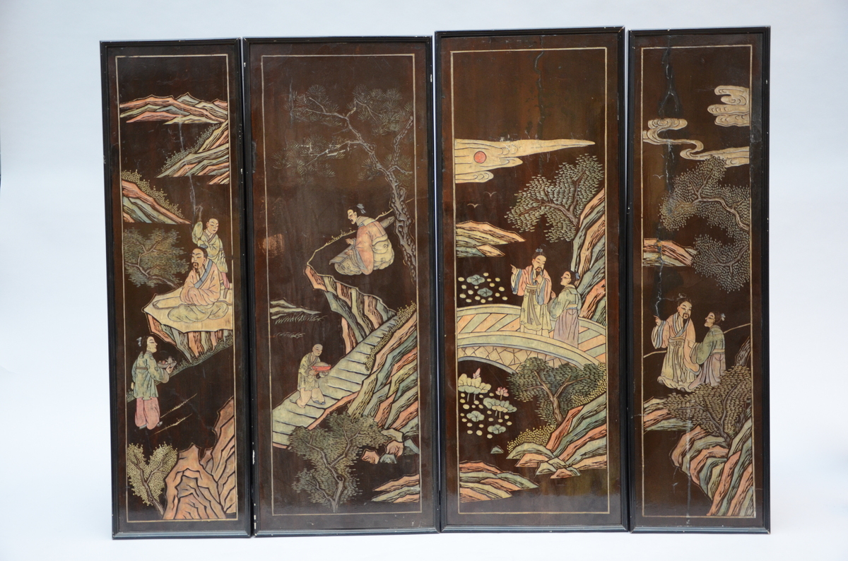 Four panels in Coromandel lacquer 'characters', China (84x30cm and 84x22cm) (*)