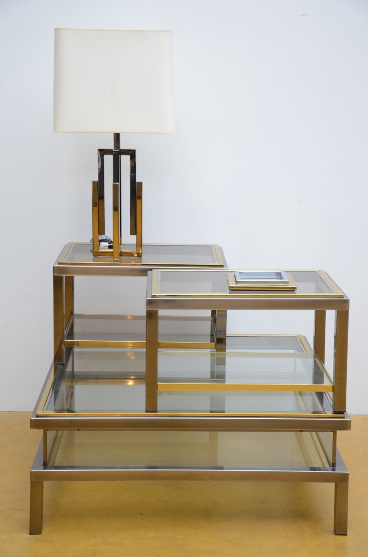 Belgachrome coffee table (h42x108x108cm), 2 tables (h42x68x48cm) and lamp (total h91cm)